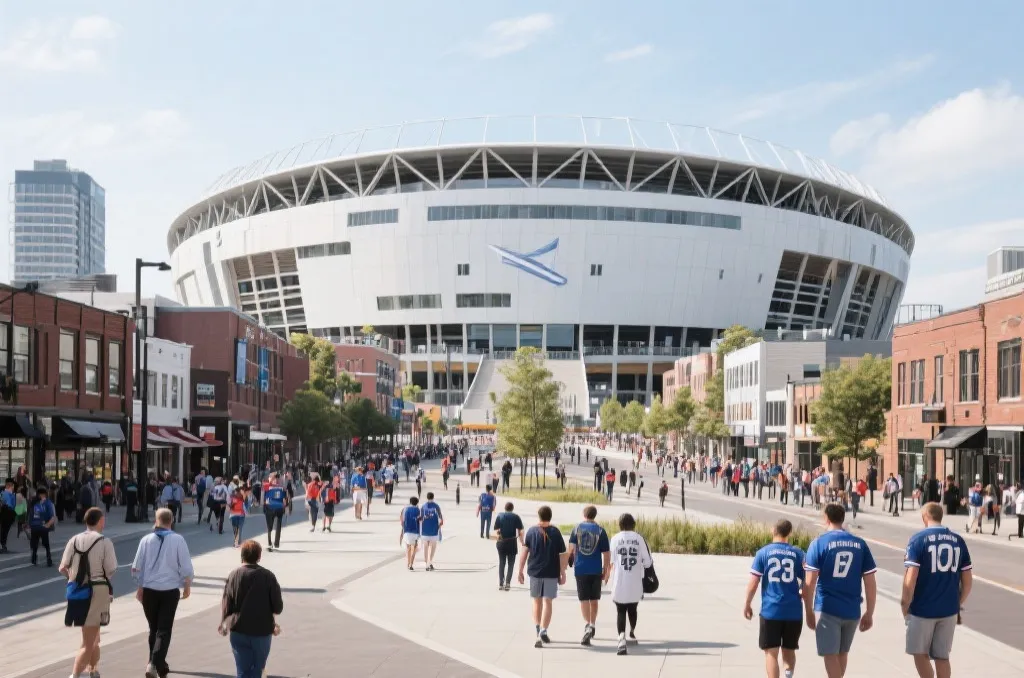 现代球场外立面与球迷步行街景